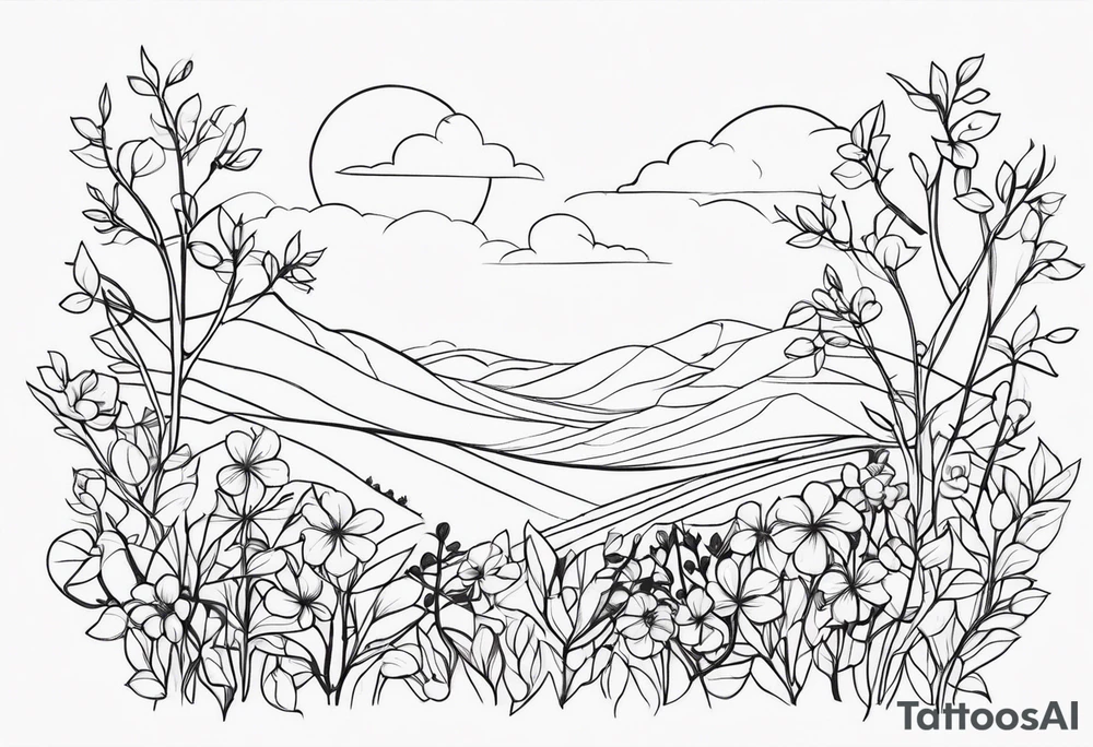 fine line vines, flowers, minor trees, fine line shapes tattoo idea