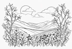 fine line vines, flowers, minor trees, fine line shapes tattoo idea
