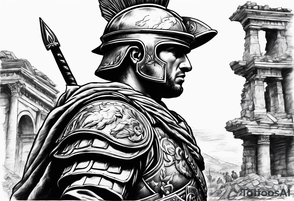Roman soldier looking right at burning ruins tattoo idea