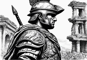 Roman soldier looking right at burning ruins tattoo idea