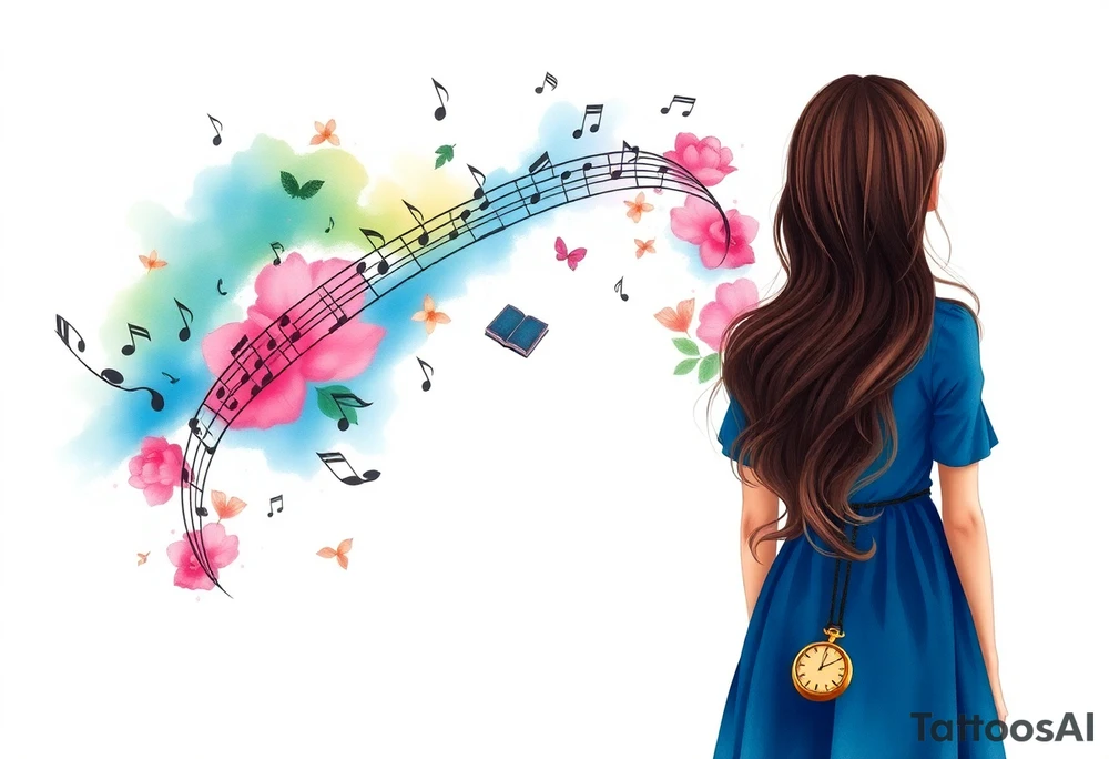 Back view of the silhouette of a brown hair girl in a blue dress. She is following a colorful swirl with music notes, books, and flowers. A pocket watch is at the end of the swirl. tattoo idea
