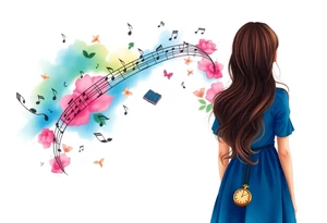 Back view of the silhouette of a brown hair girl in a blue dress. She is following a colorful swirl with music notes, books, and flowers. A pocket watch is at the end of the swirl. tattoo idea