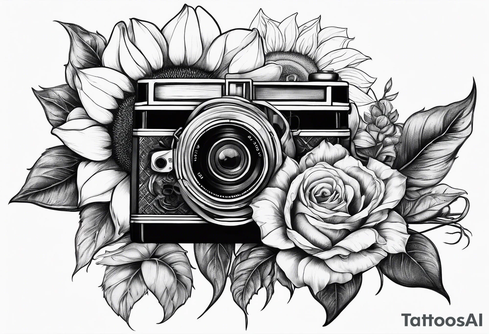 sunflower, camera, flower rose , book tattoo idea