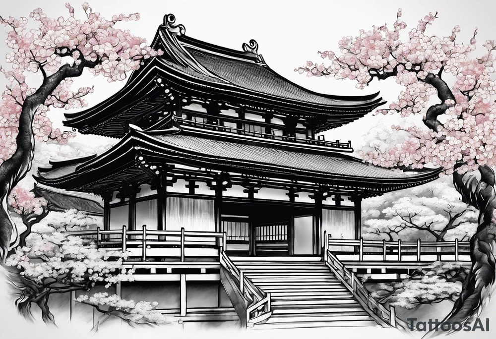 Japanese temple with cherry blossom leaves closer to foreground tattoo idea