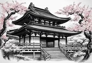 Japanese temple with cherry blossom leaves closer to foreground tattoo idea