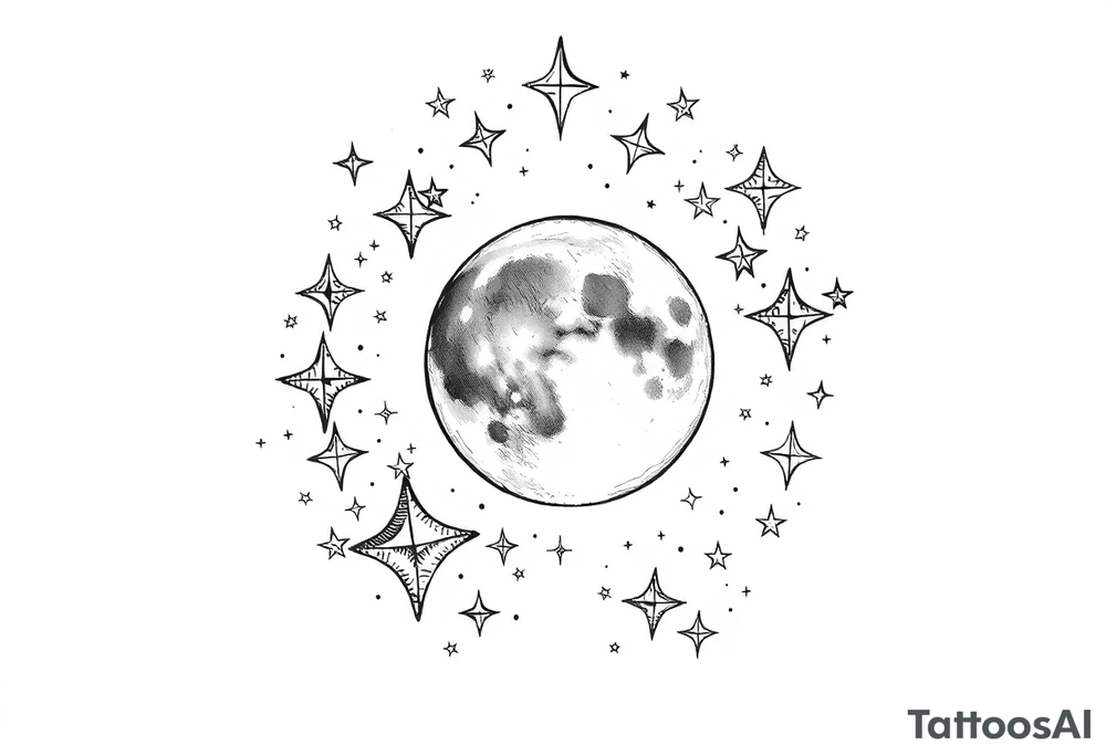 1x10^23 surrounded by cascade of stars and moon tattoo idea