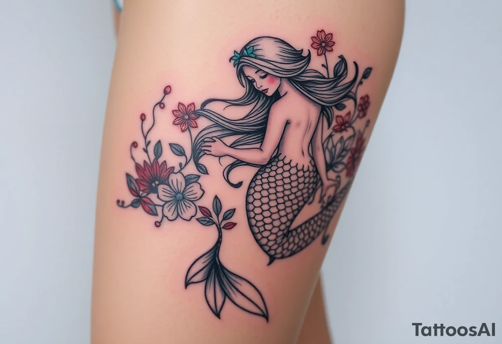 ethereal mermaid with flowing hair among coral and sea flowers tattoo idea