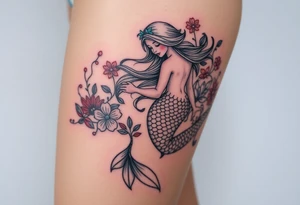 ethereal mermaid with flowing hair among coral and sea flowers tattoo idea