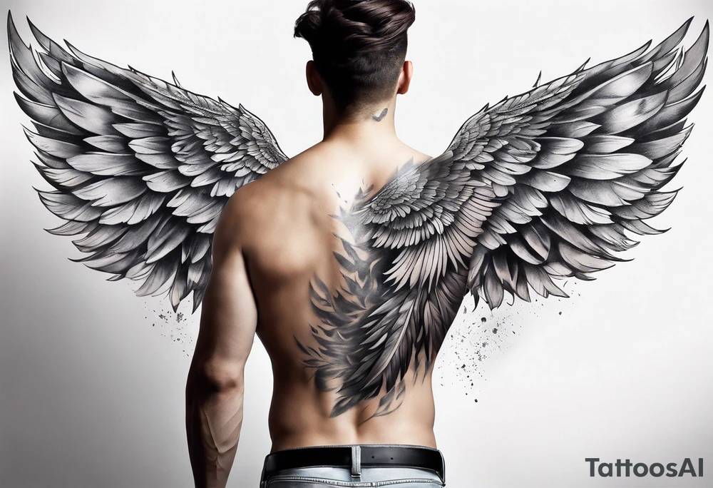 wings tattoo extending from a mens shoulders, covering the upper arms and upper back. The feathers are intricately detailed, with soft shading in black and gray to create depth and texture. tattoo idea