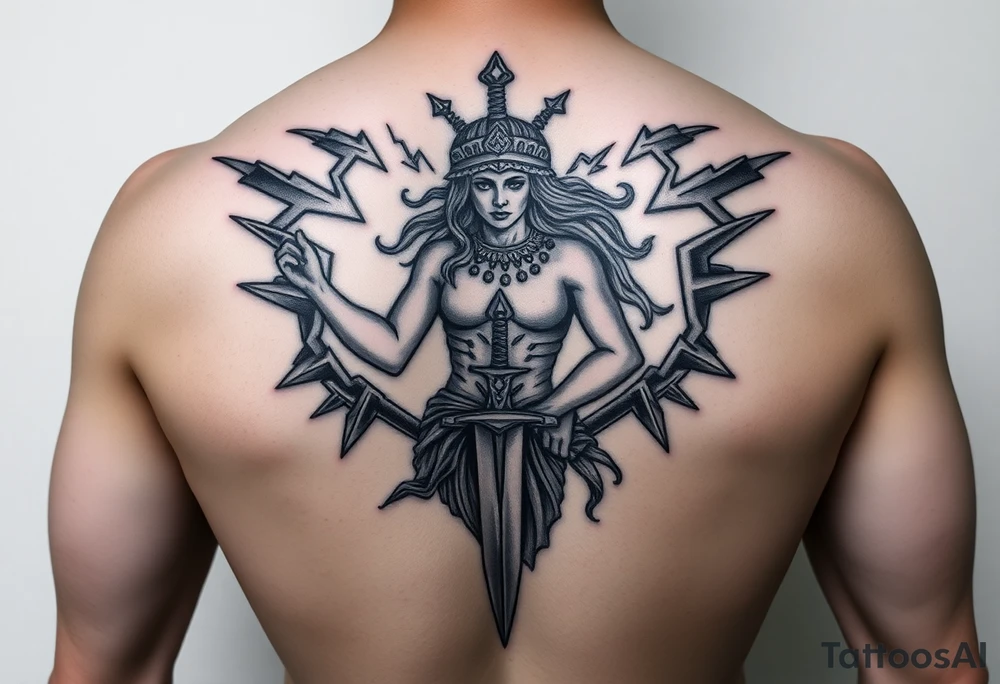 Greek goddess warrior with dagger and realistic lighting bolts going around body Greek mythology style with dark shading tattoo idea