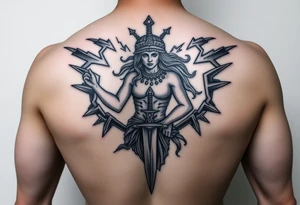 Greek goddess warrior with dagger and realistic lighting bolts going around body Greek mythology style with dark shading tattoo idea