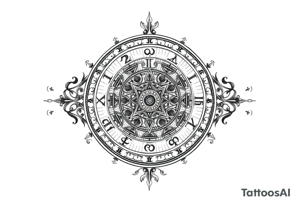 zodiac symbols runes within ornate clockwork mechanism tattoo idea