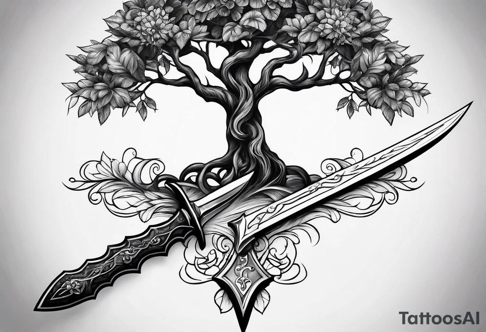 tree-like dagger tattoo idea