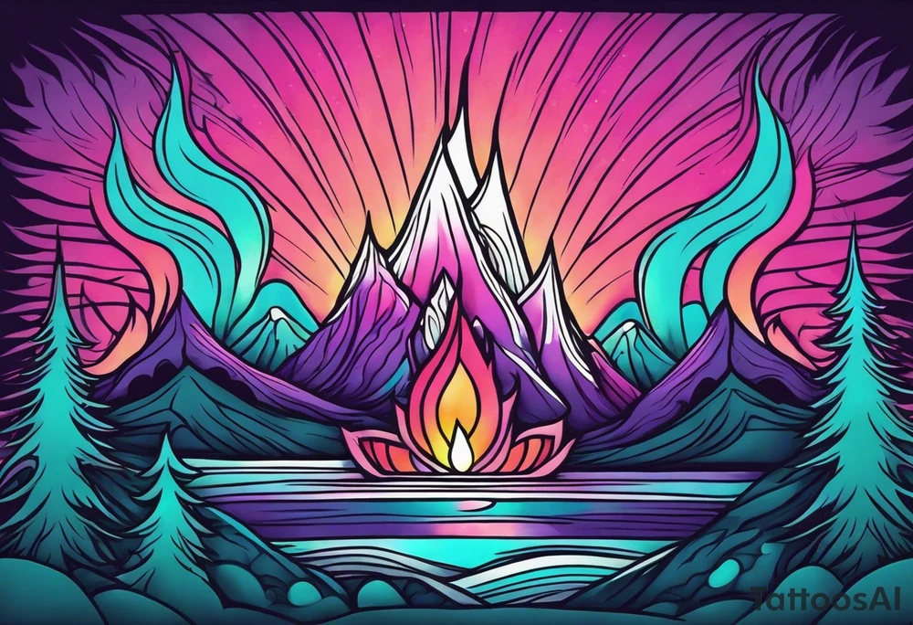 Pink purple teal Bonfire flames turning into northern lights tattoo idea