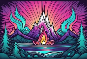 Pink purple teal Bonfire flames turning into northern lights tattoo idea