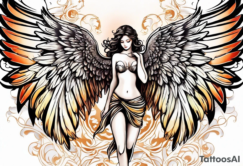 beautiful angel wings. with flilgree in the background tattoo idea