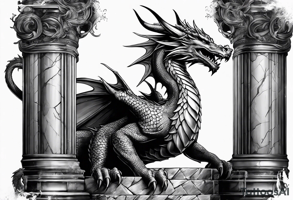 Dragon after a fight holding on 2 broken roman columns tattoo idea
