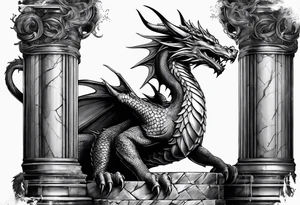 Dragon after a fight holding on 2 broken roman columns tattoo idea