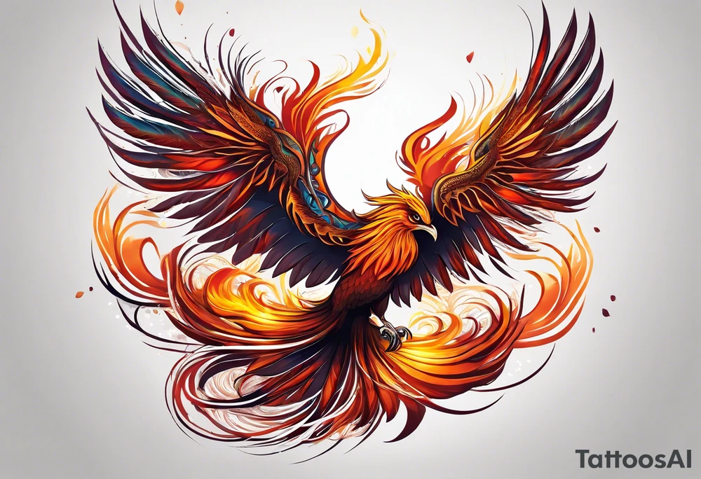 Tattoo: A powerful, majestic phoenix, depicted mid-flight or rising, with wings extended and feathers flowing. Deep shading and intricate details to bring out the texture and motion of the feathers. tattoo idea