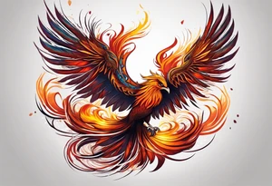 Tattoo: A powerful, majestic phoenix, depicted mid-flight or rising, with wings extended and feathers flowing. Deep shading and intricate details to bring out the texture and motion of the feathers. tattoo idea