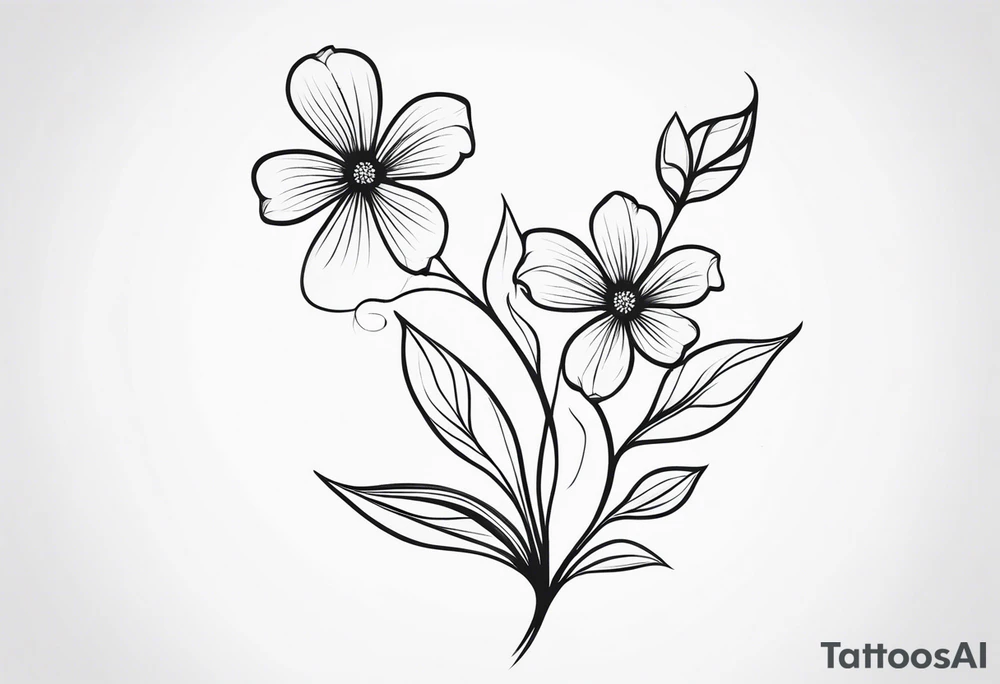 Design an ornamental tattoo featuring a single stem with delicate leaves and blossoms, using thin lines for a refined look. tattoo idea