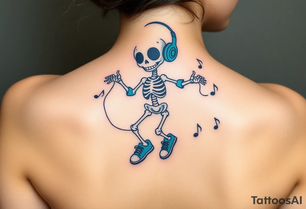 Cute smiling skeleton jumping on a jump rope with blue headphone and blue tennis shoes and blue armbands with nice  music notes tattoo idea