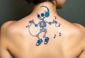 Cute smiling skeleton jumping on a jump rope with blue headphone and blue tennis shoes and blue armbands with nice  music notes tattoo idea