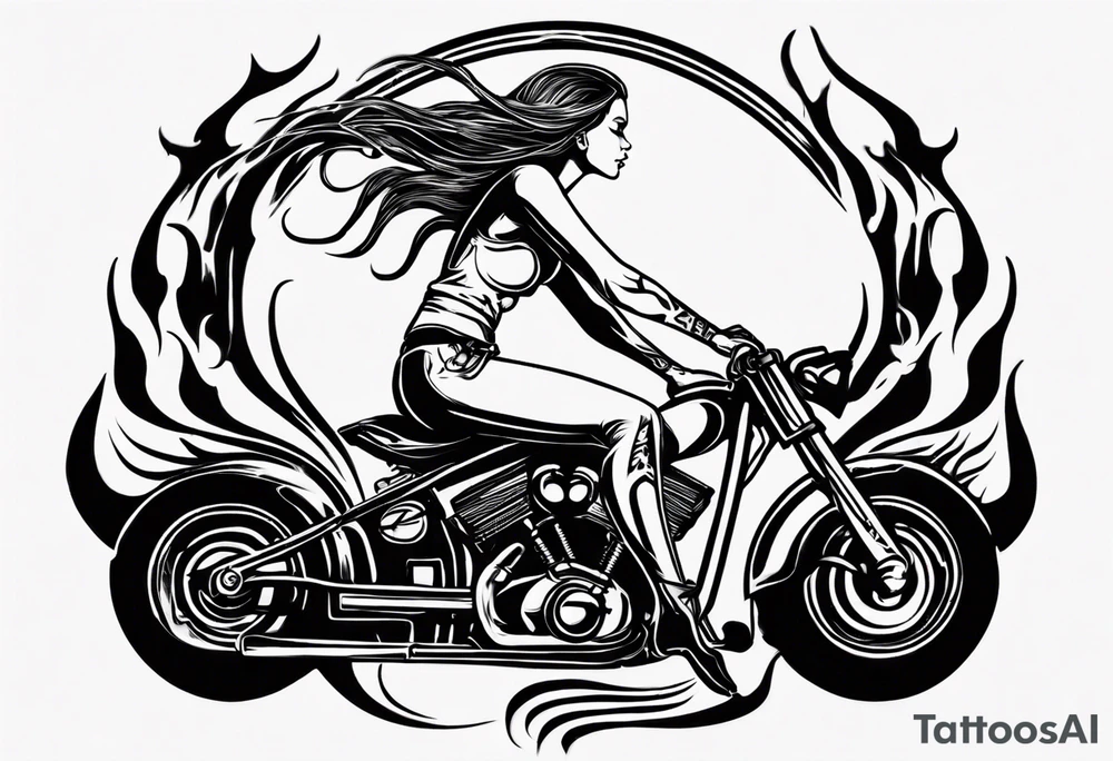 i want a tattoo of a girl riding a motorcycle with flames the words “Viking Customs” tattoo idea
