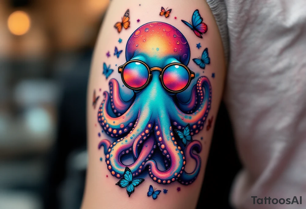 cute octopus, wearing glasses, friendly, surrounded by butterflies and oceanic items tattoo idea