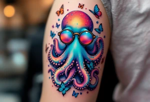 cute octopus, wearing glasses, friendly, surrounded by butterflies and oceanic items tattoo idea