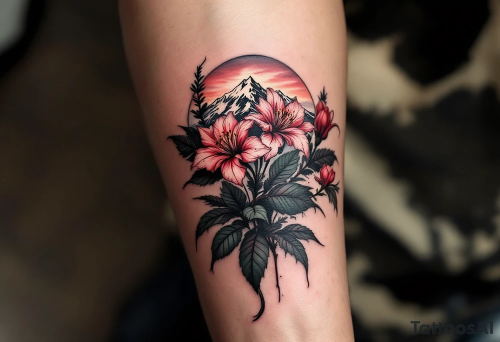 red  and black rhododendron trippy with Himalayas behind tattoo idea