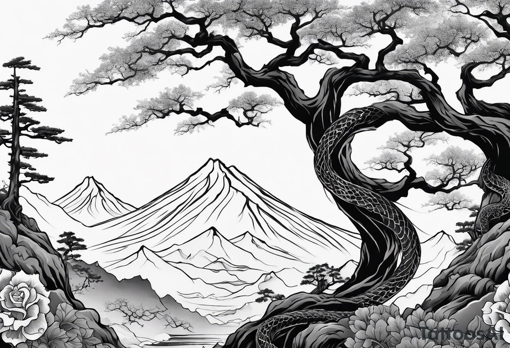 Full arm sleeve, tree going up to shoulder dead tree going down to wrist, wrapped in a serpent moving down with mountain, water, and demon tattoo idea