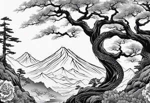 Full arm sleeve, tree going up to shoulder dead tree going down to wrist, wrapped in a serpent moving down with mountain, water, and demon tattoo idea
