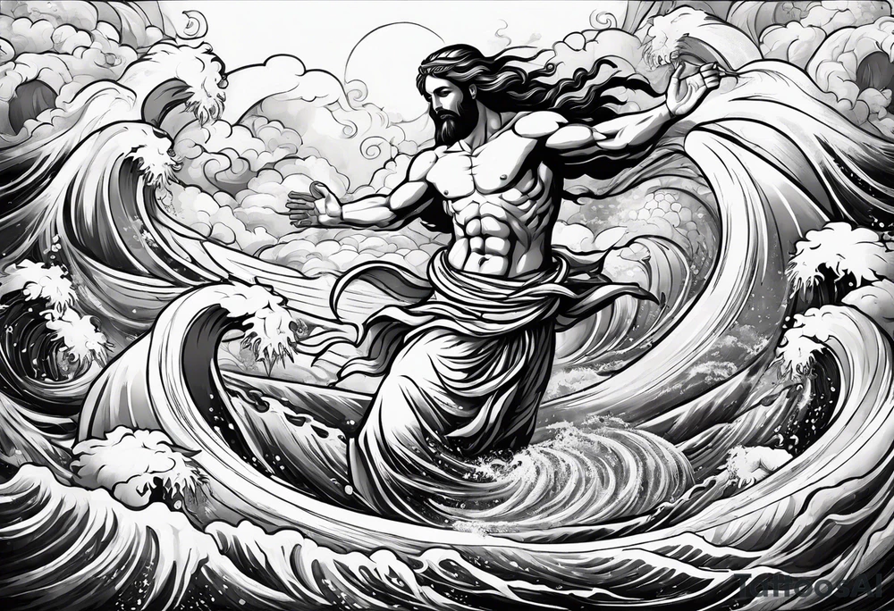 Almighty Jesus Christ ascends from Heaven to battle against the Almighty Serpent in the ocean tattoo idea