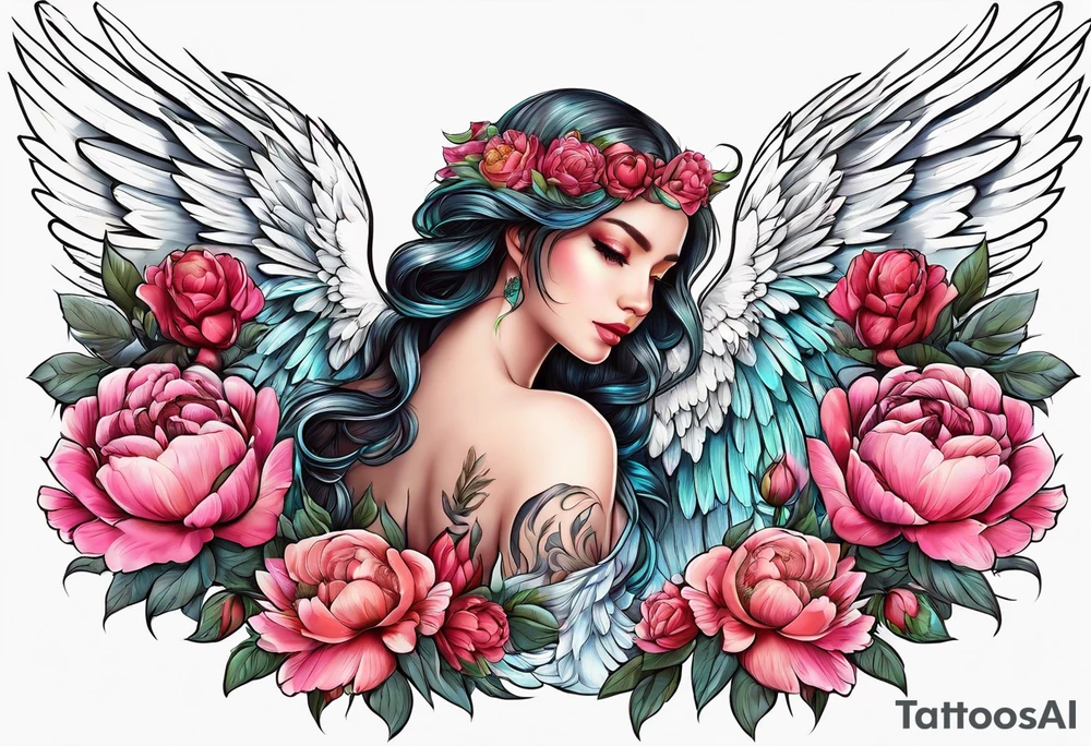 beautiful angel wings with floral peonies, roses, neon, brightly colored. highly detailed, tattoo idea