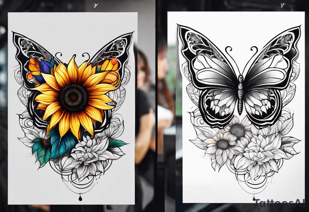 Half butterfly half sunflower tattoo idea