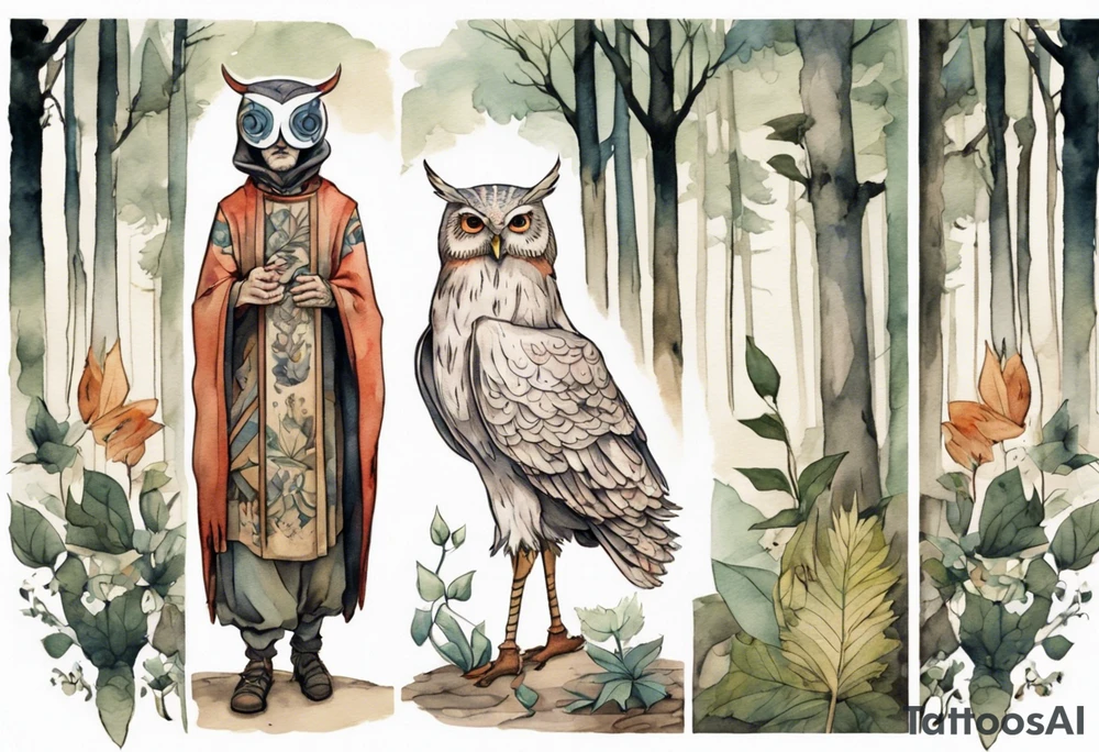 a tall thin man in a medieval tunic wearing an owl mask walking in a forest with the feet of a bird tattoo idea