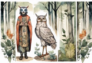 a tall thin man in a medieval tunic wearing an owl mask walking in a forest with the feet of a bird tattoo idea