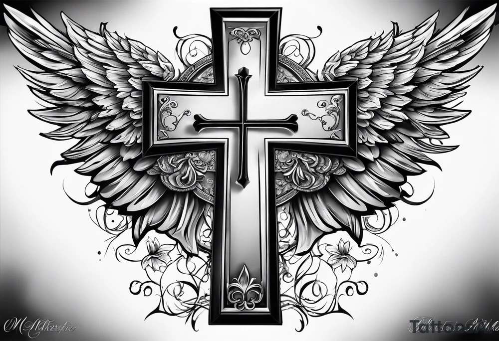 Rest in peace mom cross with angel wings tattoo idea