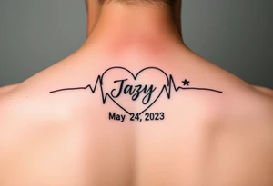 faded heart beat outline for a deceased best friend with the name Jazy and the date May 24,2023 
incorporated tattoo idea