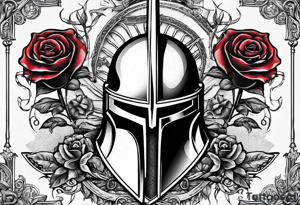A miniature image of a Spartan helmet and a medieval sword with a rose. tattoo idea