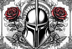 A miniature image of a Spartan helmet and a medieval sword with a rose. tattoo idea