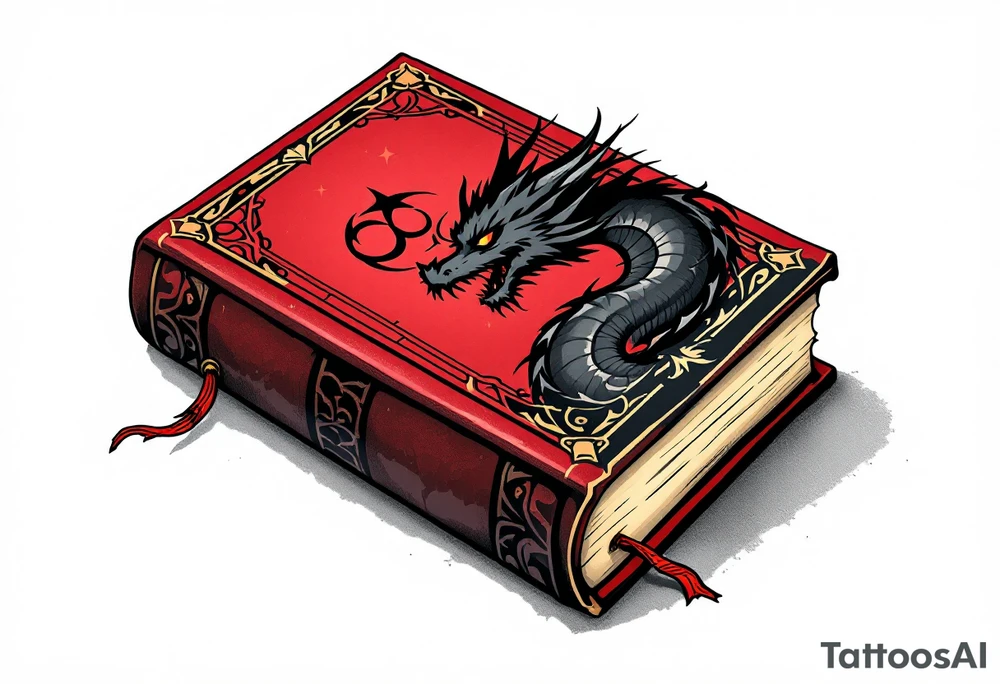 Book with a Dragon's Shadow – A thick dark red tome with an embossed dragon symbol on the cover, while a faint black and gray dragon silhouette rises from the pages like a guardian of ancient knowledge. tattoo idea