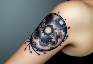 A photorealistic galaxy themed tattoo, bordered with a oval shaped frame full upper arm tattoo idea