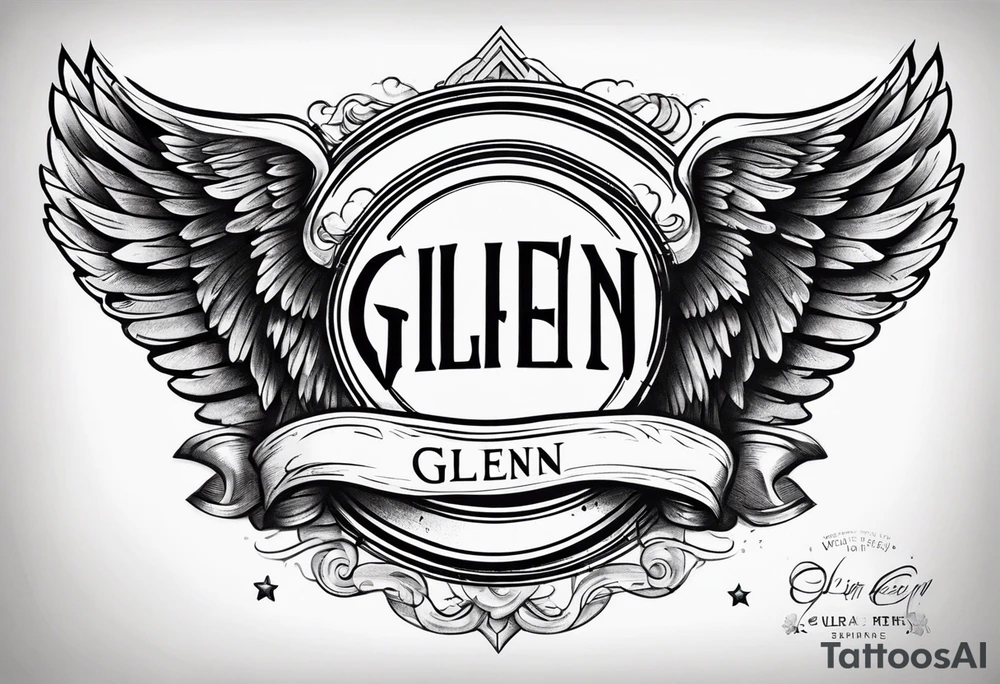 A simple tattoo with the word Glenn on a banner with angel Wings tattoo idea