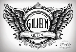 A simple tattoo with the word Glenn on a banner with angel Wings tattoo idea