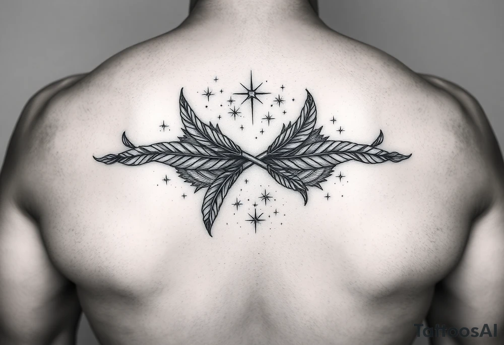 a manly infinity symbol woven with floating feathers and stardust tattoo idea