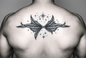 a manly infinity symbol woven with floating feathers and stardust tattoo idea