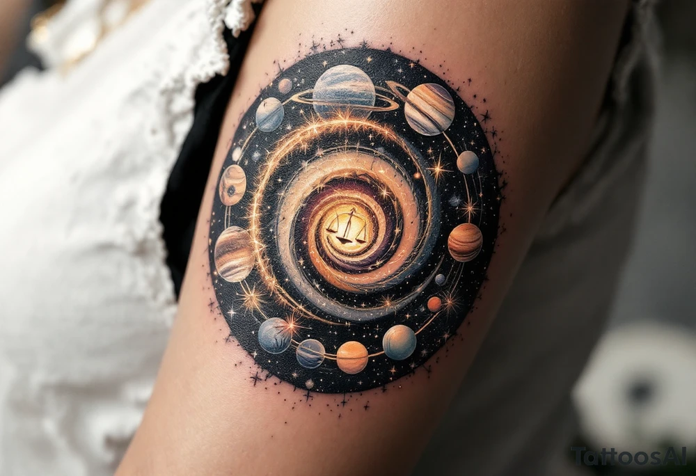 A celestial spiral made of stars and planets, with a glowing scale at the center, symbolizing cosmic justice and karmic cycles. tattoo idea