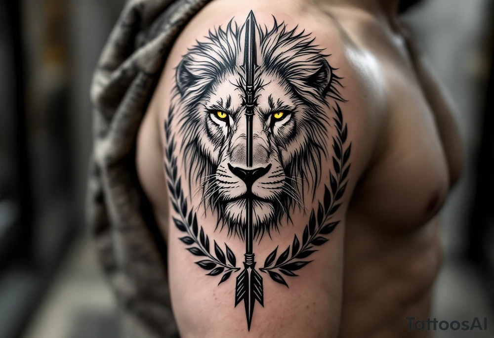 a spiritual lion with yellow eyes that come down a long arrow and surrounded by a olive tree leaf around tattoo idea